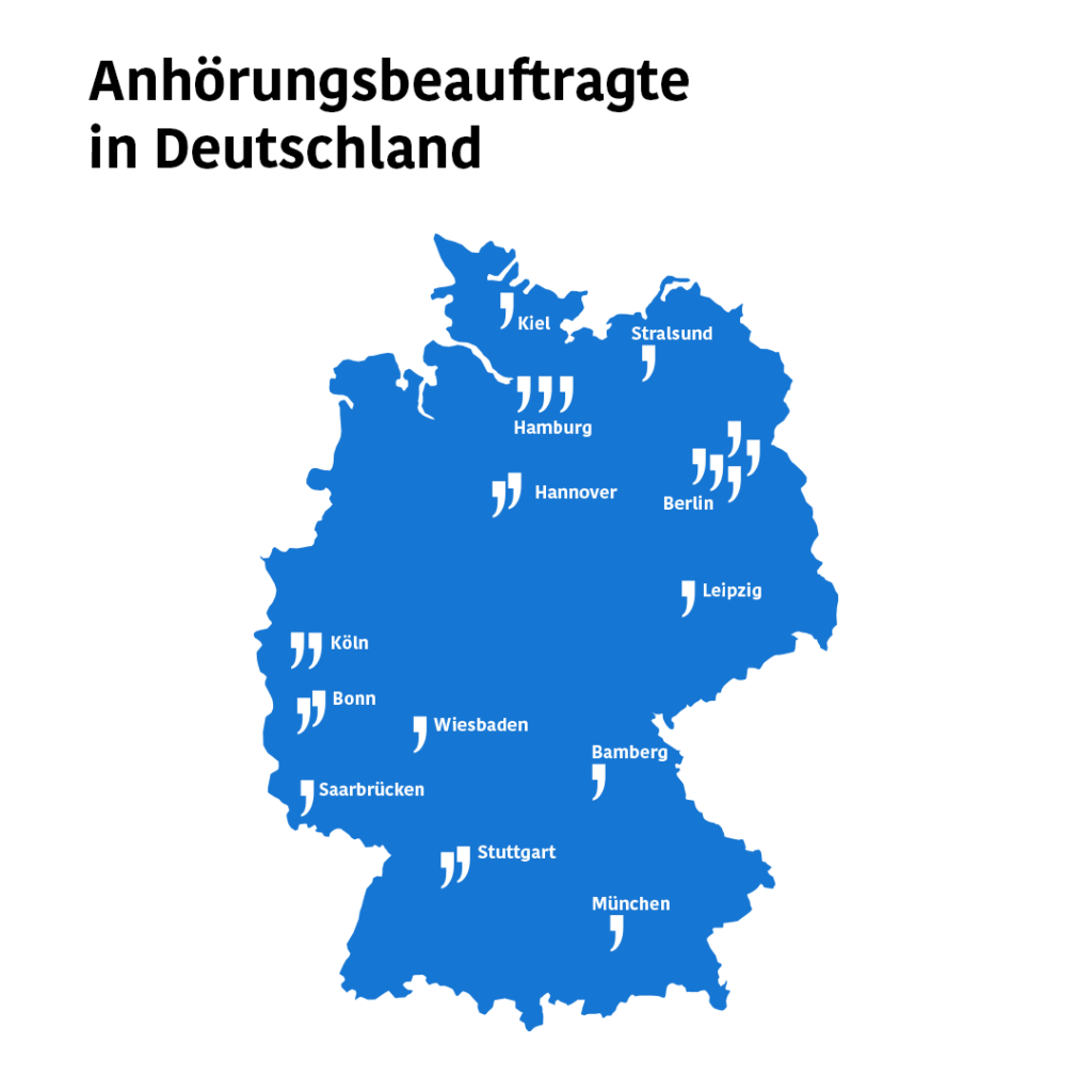 Titel: Anhörungsbeauftragte in Deutschland. Darunter Deutschlandkarte in blau, darauf mehrere Anführungszeichen und die Städte, in denen Anhörungsbeauftragte sitzen.