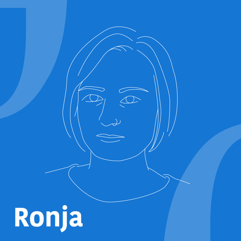 Illustration vom Kopf einer ca 40jährigen Frau mit Bobschnitt auf blauem Hintergrund, Text: "Ronja"