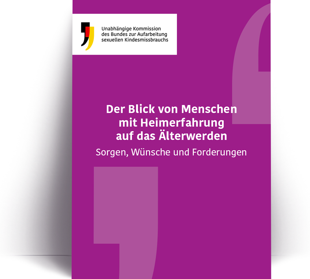 Cover der Broschüre. "Der Blick von Menschen mit Heimerfahrung auf das Älterwerden: Sorgen, Wünsche und Forderungen" vor lila Hintergrund.