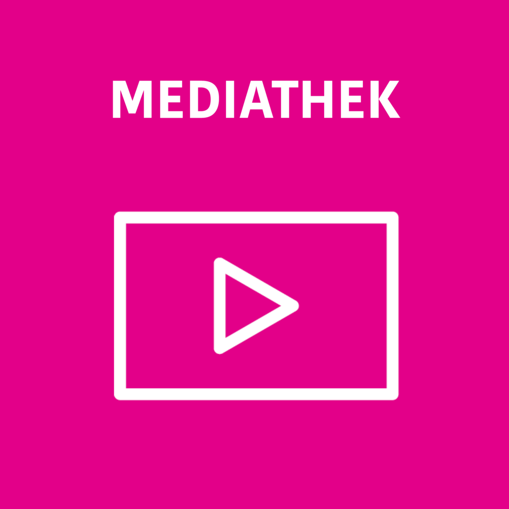 Playsymbol mit Pfeil nach rechts und dem Text "Mediathek"auf pinkfarbenem Hintergrund
