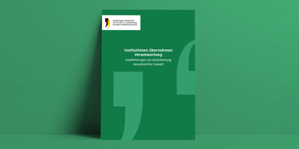 Grafik in grün vom Cover der Publikation "Institutionen übernehmen Verantwortung- Empfehlungen zur Aufarbeitung sexualisierter Gewalt"