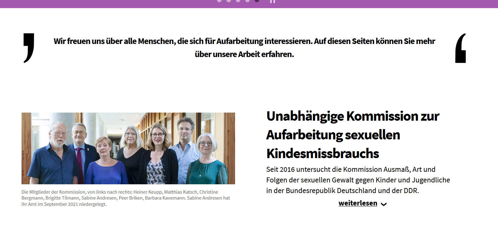 Screenshot der Startseite mit Zitat und Bild von der Kommission und Text